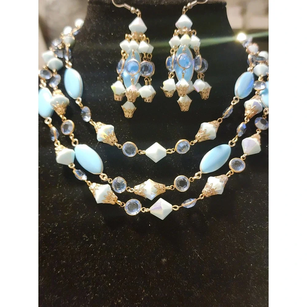 VTG Alice Caviness Blue Aurora Borealis 3 Strand Necklace Chandelier Earrings